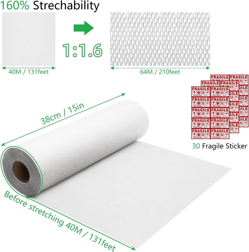 Pine nuts Honeycomb Packing Paper 15" x 131' Eco Friendly Packing Paper for Moving Recyclable Honeycomb Paper Bubble Paper Wrapping with 30 Fragile Sticker Labels and 66fthemp rope (White) - Image 2